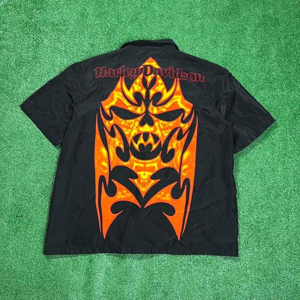 Harley Davidson Tribal Flame Skull Button Up Shirt Mens XL Black Y2K Biker